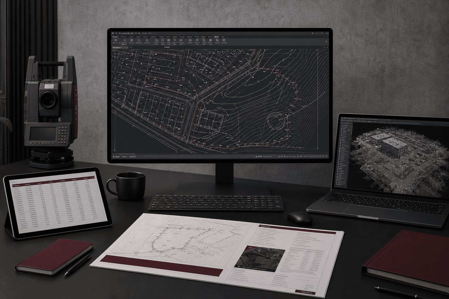 Мокап комплекта геодезической выдачи с DWG-планом, ведомостью координат и PDF-отчётом
