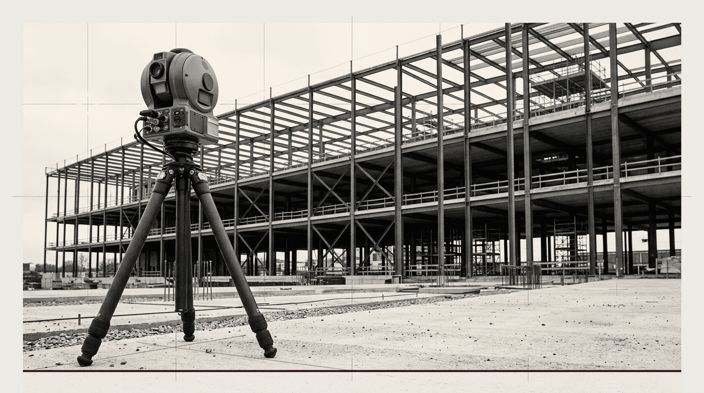 Scanner on a tripod in front of an architectural building frame